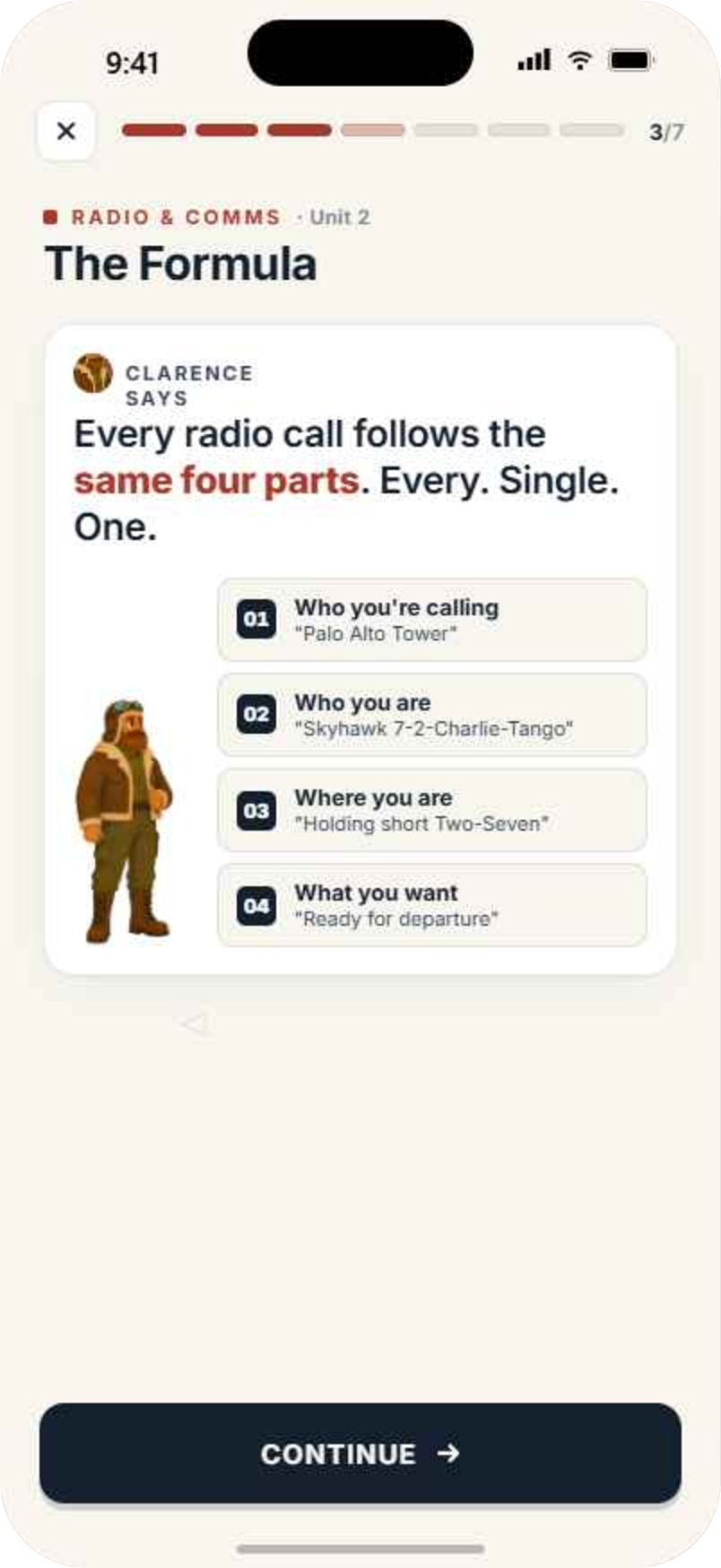 Pilotage lesson screen explaining the four-part radio call