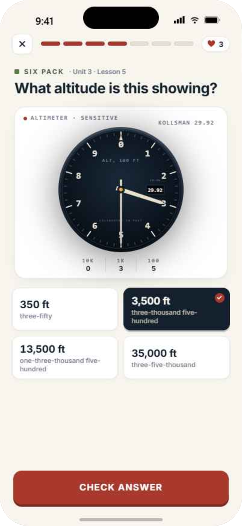 Pilotage quiz screen — reading an altimeter