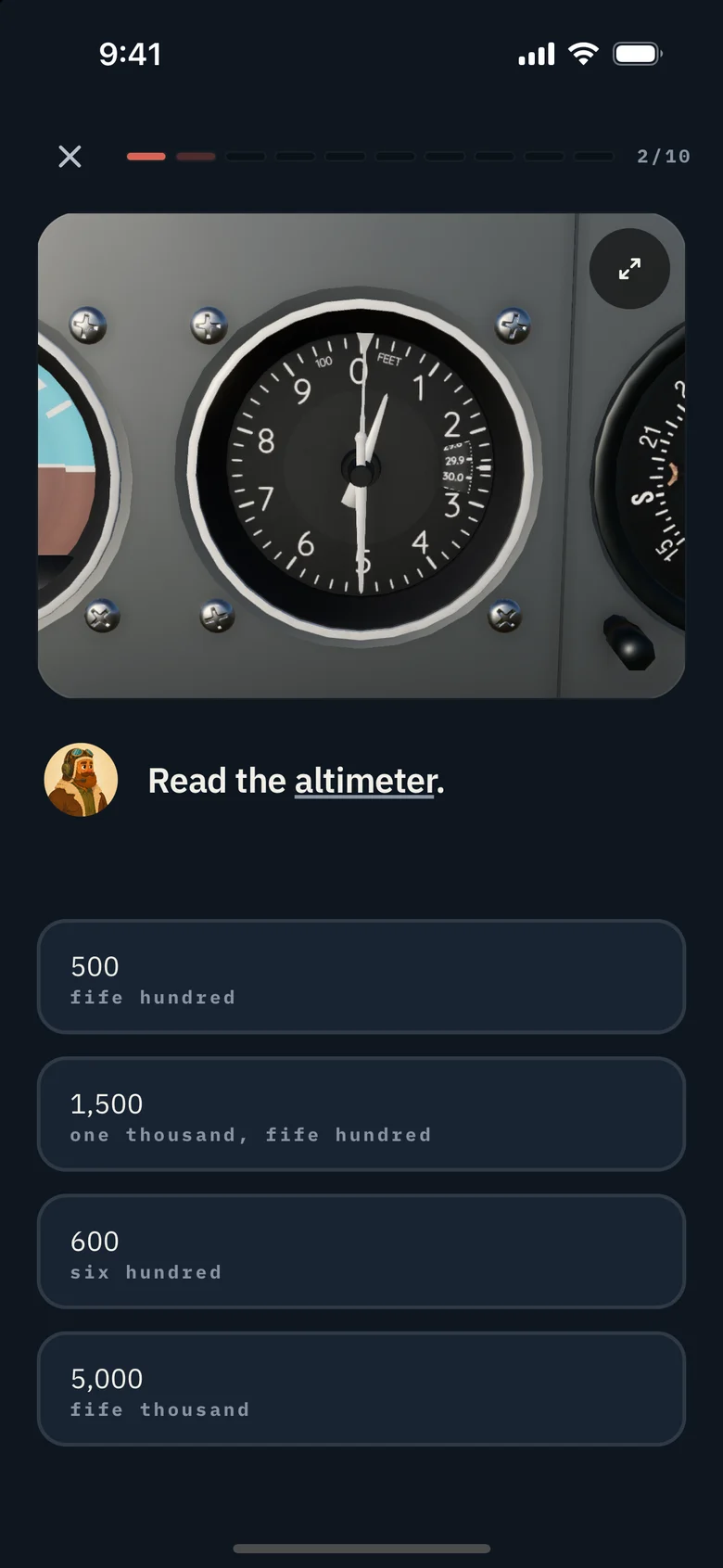 Pilotage’s instrument lesson, with a working altimeter and answer choices