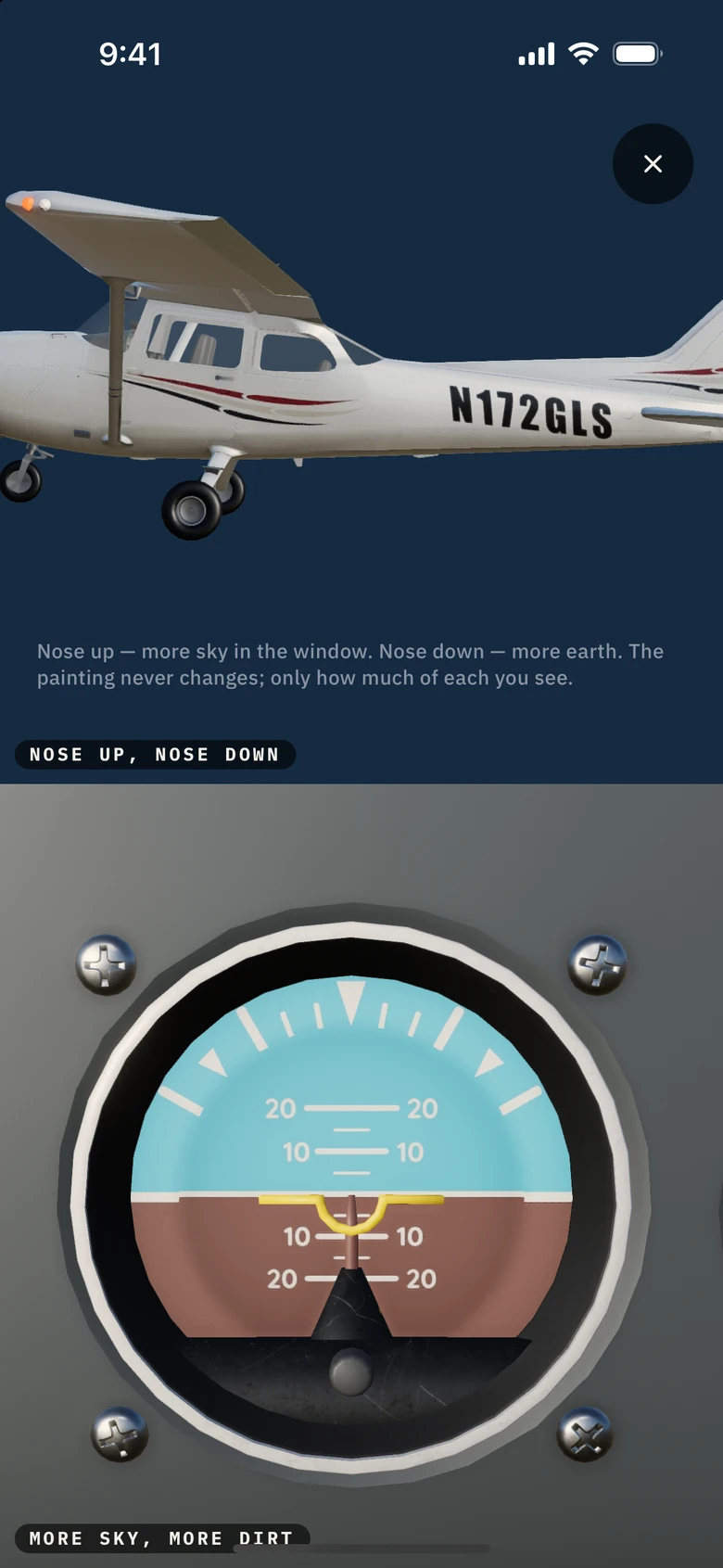 The app’s expanded split-screen view, pairing the Cessna’s pitch with its attitude indicator