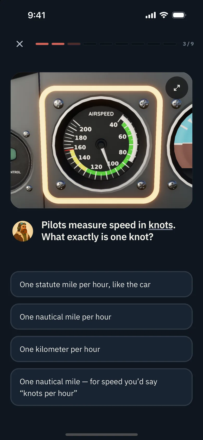 A highlighted airspeed indicator inside the Cessna cockpit, with a question about knots