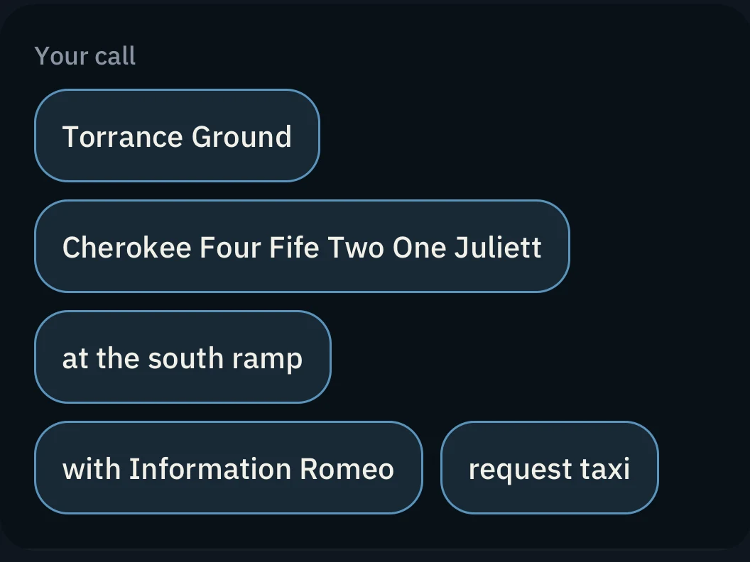 Build a radio call from phrase tiles in Pilotage
