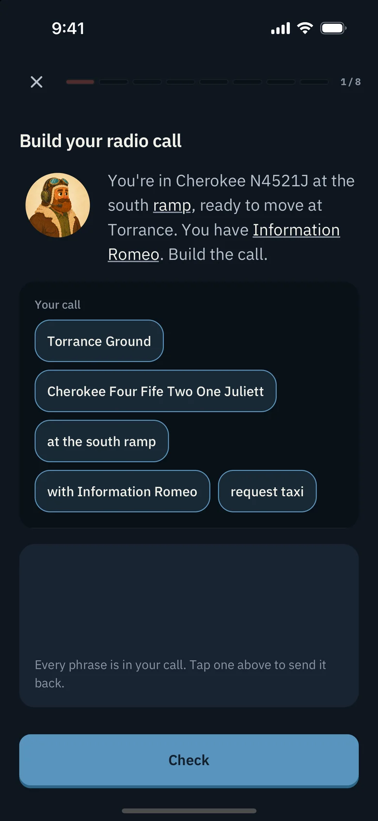 A radio call assembled from phrase tiles in Pilotage
