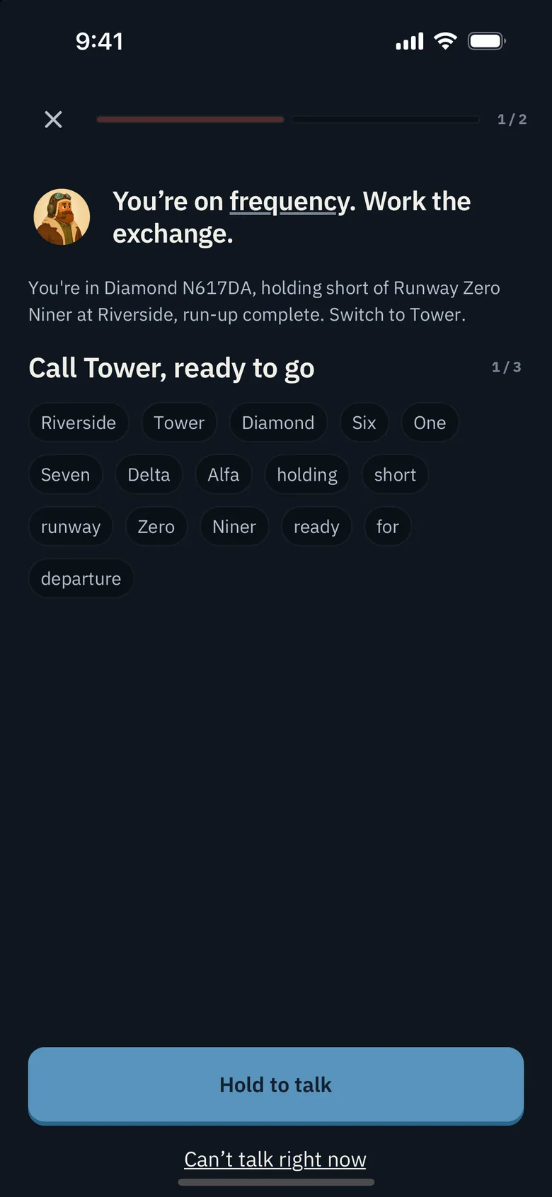 A Pilotage voice exercise with a radio exchange and a Hold to talk button